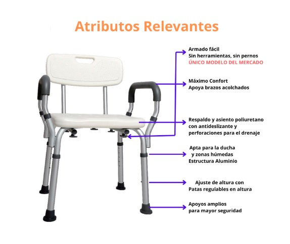 Silla de Ducha con Respaldo y Apoyabrazos Desmontables - Seguridad 360° (Modelo 6055)